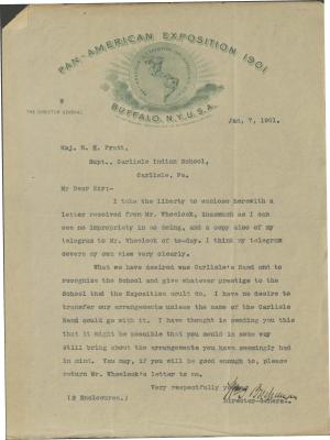 Buchanan Arranges with Pratt for Carlisle Band at the Pan-American Exposition, 1901