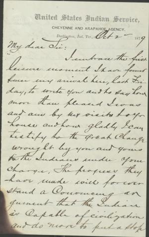 Campbell Discusses Cheyenne and Arapahoe Recruitment with Pratt, 1879