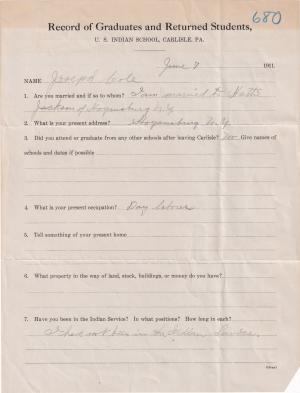 Joseph Cole (Sose) Student File