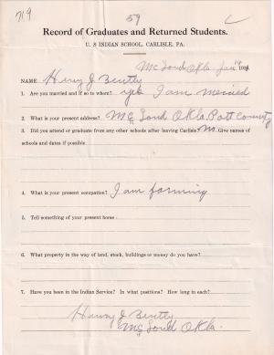 Henry Bently (Wa-ka-nas-cook) Student File Henry Bently (Wa-ka-nas-cook) Student File