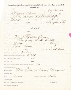 Benjamin Adams Student File