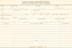Frank Cushing Student Information Card