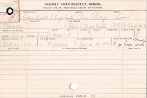 Lydia Biddle Eagle Feather Student Information Card