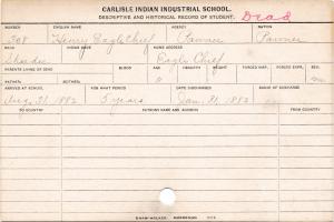 Henry Eagle Chief Student Information Card