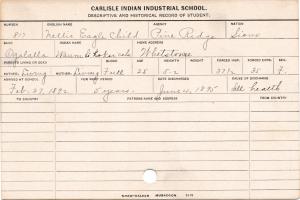 Nellie Eagle Child (Waum li hoksi cala) Student Information Card