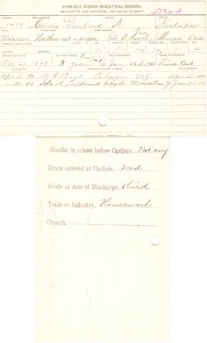 Emma Garland (Wa-them-esk-a-moqua) Student Information Card Emma Garland (Wa-them-esk-a-moqua) Student Information Card