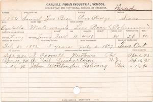 Samuel Lone Bear (Mato-wanjila) Student Information Card