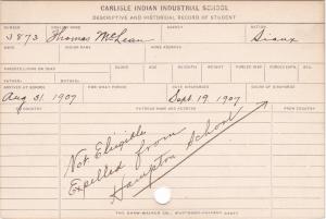 Thomas McLean Student Information Card