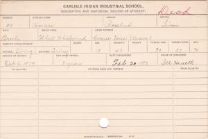 Horace (White Whirlwind) Student Information Card
