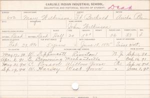Mary Wilkinson Student Information Card