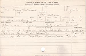 Mary Williams Student Information Card