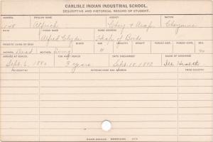 Alfrich Heap-of-Birds (Alfred Clyde) Student Information Card