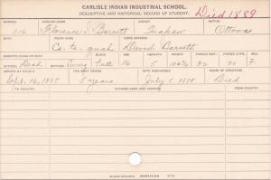 Florence Barnett (Co-te-quah) Student Information Card Florence Barnett (Co-te-quah) Student Information Card