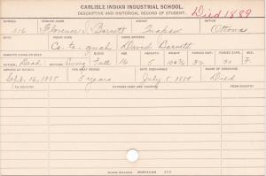 Florence Barnett (Co-te-quah) Student Information Card