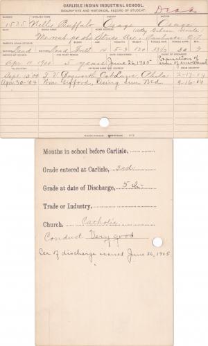 Nellie Buffalo (Me-wah-pe-she) Student Information Card