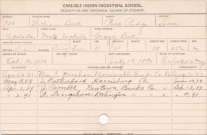 William Bull (Mato Hoksila) Student Information Card