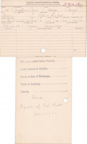 Josephine Pryor Student Information Card