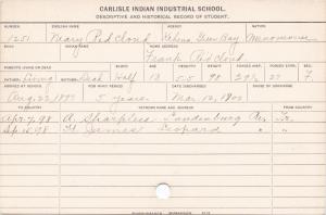 Mary Red Cloud Student Information Card
