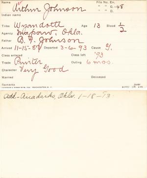 Arthur Johnson Student Information Card Arthur Johnson Student Information Card