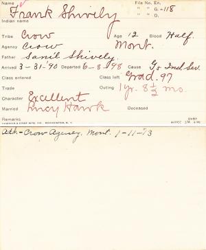 Frank Shively Student Information Card