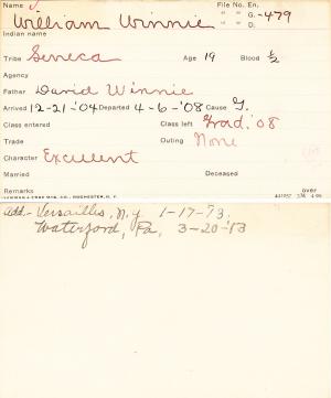 William Winnie Student Information Card