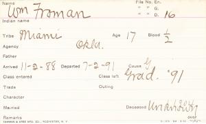 William Froman Student Information Card 
