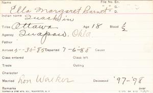 Ella Margaret Barnet (Quack-in) Student Information Card