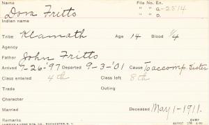 Dora Fritts Student Information Card