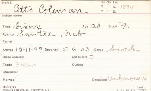 Otto Coleman Student Information Card