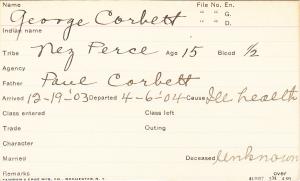 George Corbett Student Information Card