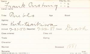 Frank Cushing Student Information Card