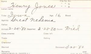 Henry Jones Student Information Card