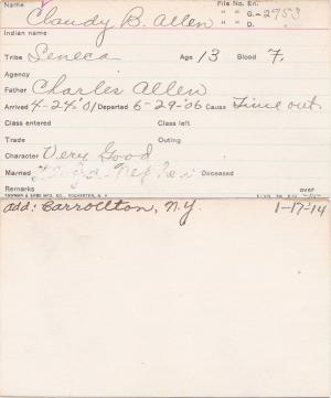 Claudia B. Allen Student Information Card