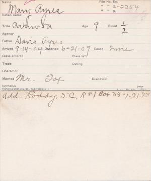 Mary Ayers Student Information Card