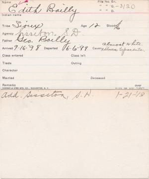 Edith Bailly Student Information Card