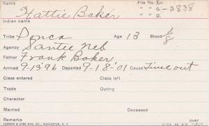 Hattie Baker Student Information Card