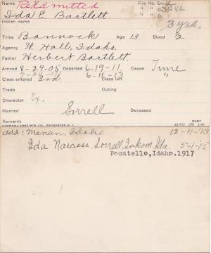 Ida Estella Bartlett Student Information Card Ida Estella Bartlett Student Information Card