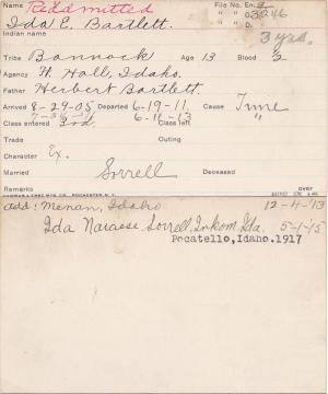 Ida Estella Bartlett Student Information Card