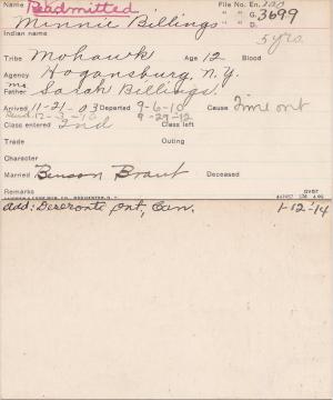 Minnie Billings Student Information Card Minnie Billings Student Information Card