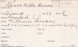 Grace Hilda Bonser Student Information Card