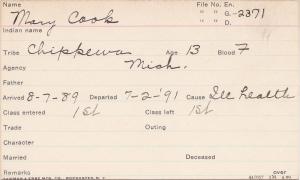 Mary Cook Student Information Card