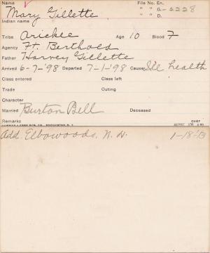 Mary Gillette Student Information Card