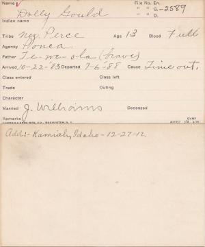 Dolly Gould Student Information Card