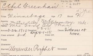 Ethel Greenhair Student Information Card