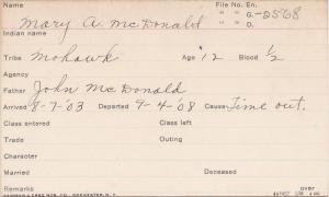 Mary A. McDonald Student Information Card