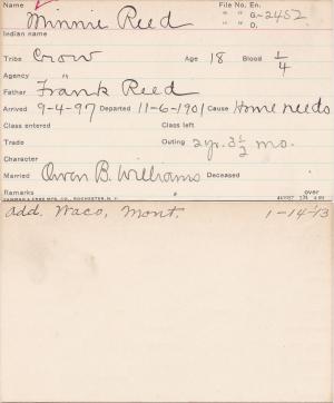 Minnie Reed Student Information Card
