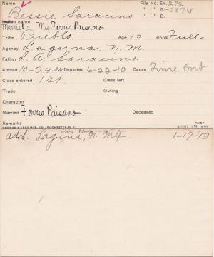 Bessie Saracino Student Information Card