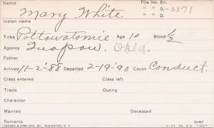 Mary White Student Information Card
