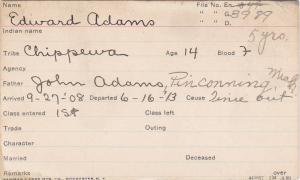 Edward Adams Student Information Card