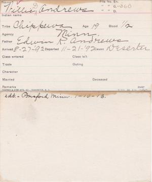Willie Andrews Student Information Card